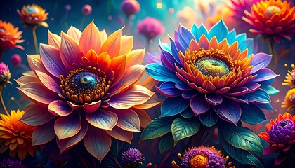 Vivid, fantastical floral arrangement with luminous, brightly colored blooms and bokeh-filled background, lush and dreamy