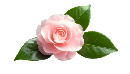 A delicate pink camellia flower with three dark green leaves, set against a black backdrop