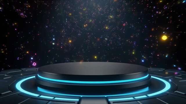 Futuristic black podium with neon blue era lights on a starry night background.