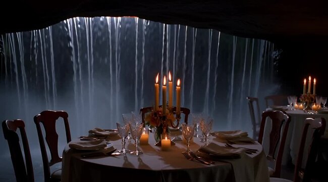 Elegant dining setup with candles and waterfall view in the background