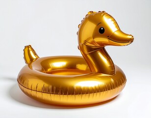 A shiny, golden inflatable duck float stands out. Perfect for summer fun and pool parties, it adds a touch of whimsy to any water adventure.
