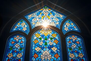 Ornate Gothic style stained glass window radiates brilliant light from its center