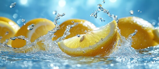 Juicy lemon slices splashing in water,  refreshing drink background