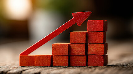 Wooden blocks arranged in increasing order with an upward arrow symbolizing growth.