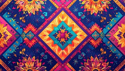 Vivid geometric patterns form kaleidoscopic design with vibrant hues, floral and geometric shapes