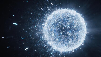 Abstract glowing sphere with particles on a dark background.
