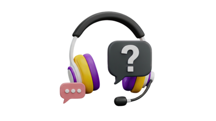 3D Headset with Question Mark and Chat Bubble Icons