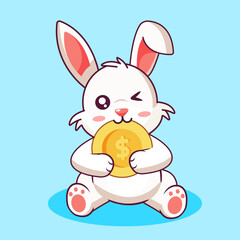 Obraz premium Cute Winking Rabbit Holding a Gold Dollar Coin Vector Illustration Cartoon Design Kawaii