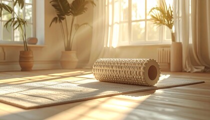 햇빛이 드는 공간의 요가 매트와 폼롤러 Foam Roller on Yoga Mat in Sunlit Room