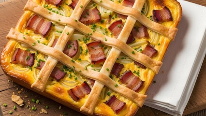 Savory Bacon Quiche: An appetizing, square quiche, topped with crispy bacon pieces and intricate pastry lattice, evoking culinary artistry and the irresistible appeal of comfort food. 