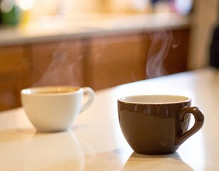Two steaming cups of coffee on a light counter