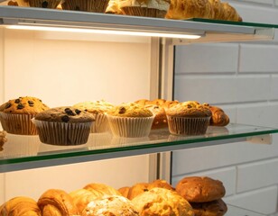 Freshly baked muffins and croissants on illuminated display shelves in a bakery