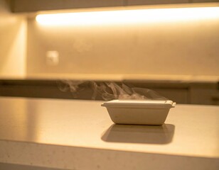 Steaming hot food in a takeaway container on kitchen counter