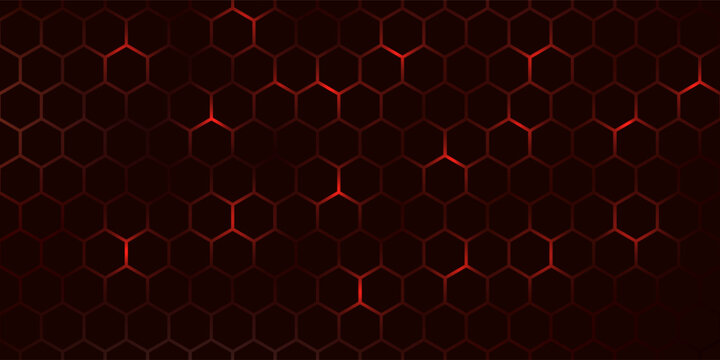 Hexagon game background with glowing red honeycomb grid on black surface. Abstract geometric pattern of connected cells for futuristic interface design. Digital technology bg with luminous edges.