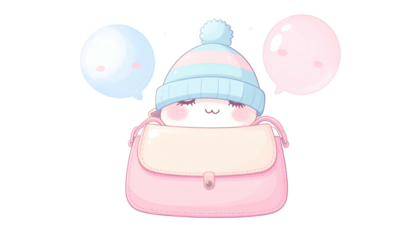 Adorable kawaii creature in a pink purse with thought bubbles and a winter hat