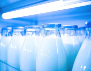 Fresh milk bottles with blue caps under fluorescent light in a refrigerator