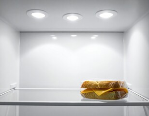 Single prepackaged cheese sandwich on a glass shelf in an empty refrigerator