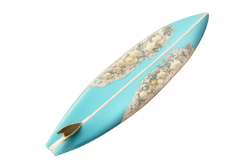 Surfboard with turquoise color and resin art, showing ocean foam texture and white floral details, summer aquatic sports
