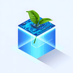 AI transparency visual Glass cube with visible circuit board and leaf inside symbolic ethical tech clean