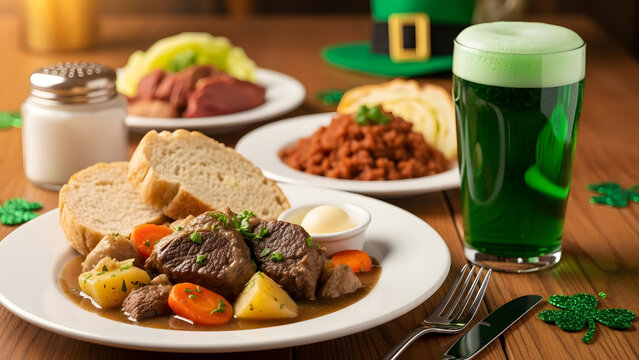 A traditional Irish St. Patrick's Day meal featuring corned beef, cabbage, potatoes, carrots, and green beer on a wooden table with shamrocks.