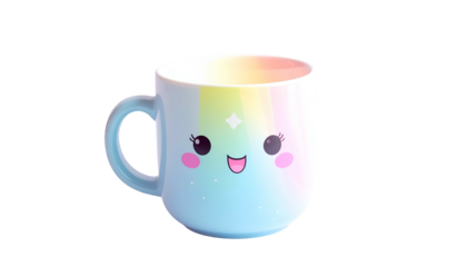 A pastel mug featuring a cute cartoon face and rainbow stripes, isolated on black