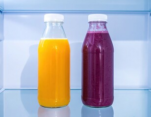 Fresh orange and purple smoothies in glass bottles inside a refrigerator