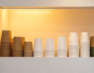 Stacked disposable paper cups on an illuminated shelf