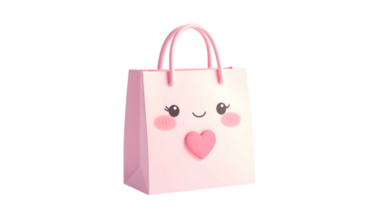 Pink cartoon gift bag with a heart, rosy cheeks, and happy face on black background