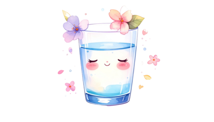 Cute cartoon glass of water with a happy face, flowers, and floating petals