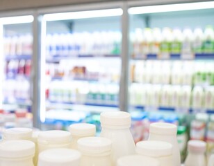 White plastic bottles of milk or yogurt in supermarket dairy aisle