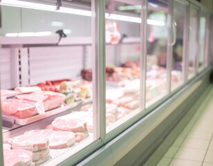 Fresh raw meat cuts packaged in a refrigerated display case at a supermarket