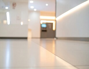 Blurred Modern Interior Hallway with Bright Lights and Reflective Floor