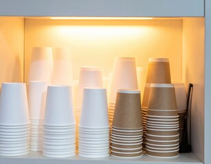 Neat Stacks of White and Brown Disposable Paper Cups on Illuminated Shelf