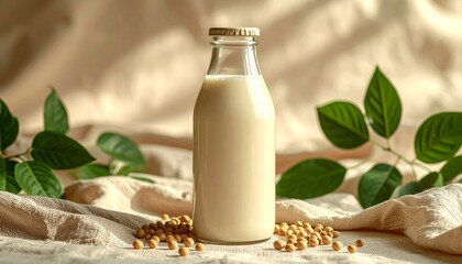 콩과 잎이 놓인 식물성 밀크 병 Plant Based Milk Bottle with Soybeans and Leaves