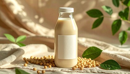 콩과 잎이 놓인 식물성 밀크 병 Plant Based Milk Bottle with Soybeans and Leaves