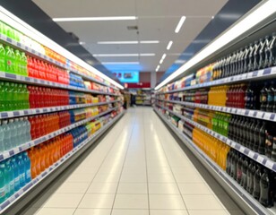 Supermarket aisle with colorful drinks and blurred background