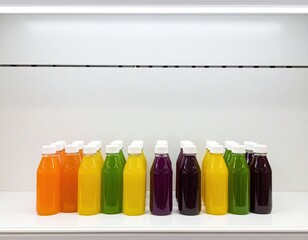 Variety of colorful healthy juice bottles on white store shelf