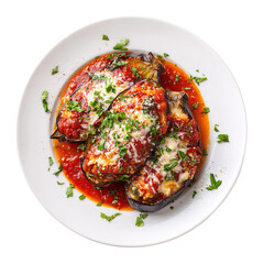 Grilled eggplants and tomatoes topped with pesto and melted cheese on a wooden plate, highlighting vegetable-based meals, World Food Day