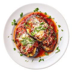 Grilled eggplants and tomatoes topped with pesto and melted cheese on a wooden plate, highlighting vegetable-based meals, World Food Day