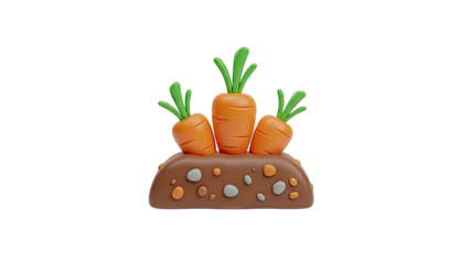 Three cartoon carrots growing from soil with rocks