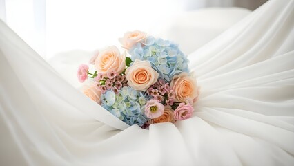 Beautiful bouquet of peach roses and blue hydrangeas wrapped in white fabric