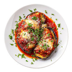 Grilled eggplants and tomatoes topped with pesto and melted cheese on a wooden plate, highlighting vegetable-based meals, World Food Day