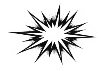 Black comic burst doodle drawing, an impact exploding graphic element with jagged lines and starburst effect on transparent background