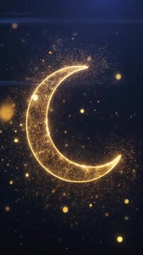 3D animation of a glowing crescent moon transforming into a mystical golden portal, surround