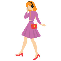 Young girl, with a purse and headphones, listening to music.