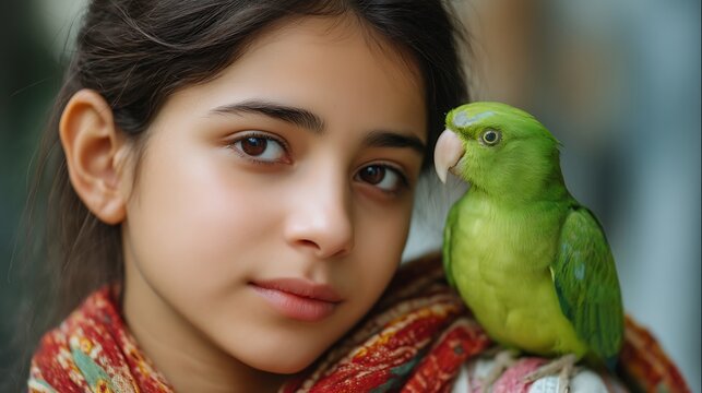 Young girl with green parrot on shoulder, vibrant colors, close-up portrait - Powered by Adobe