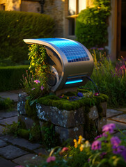 Climate tech object Solar-powered EV charger in garden setting moss around base clean energy integration