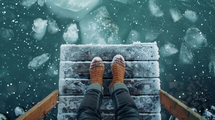 A woman sits on a dock her feet dangling in the icy waters below journaling and reflecting on her personal journey of selfdiscovery and wellness.