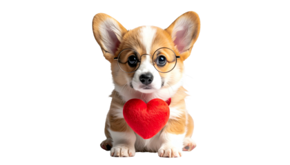 Corgi puppy wearing glasses holding a red heart against a transparent background
