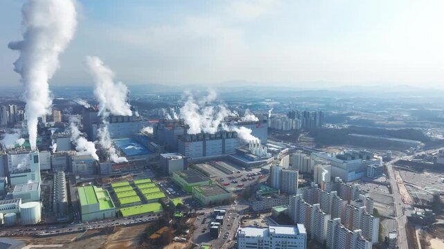Aerial view over semiconductor manufacturing plant in Icheon City, South Korea